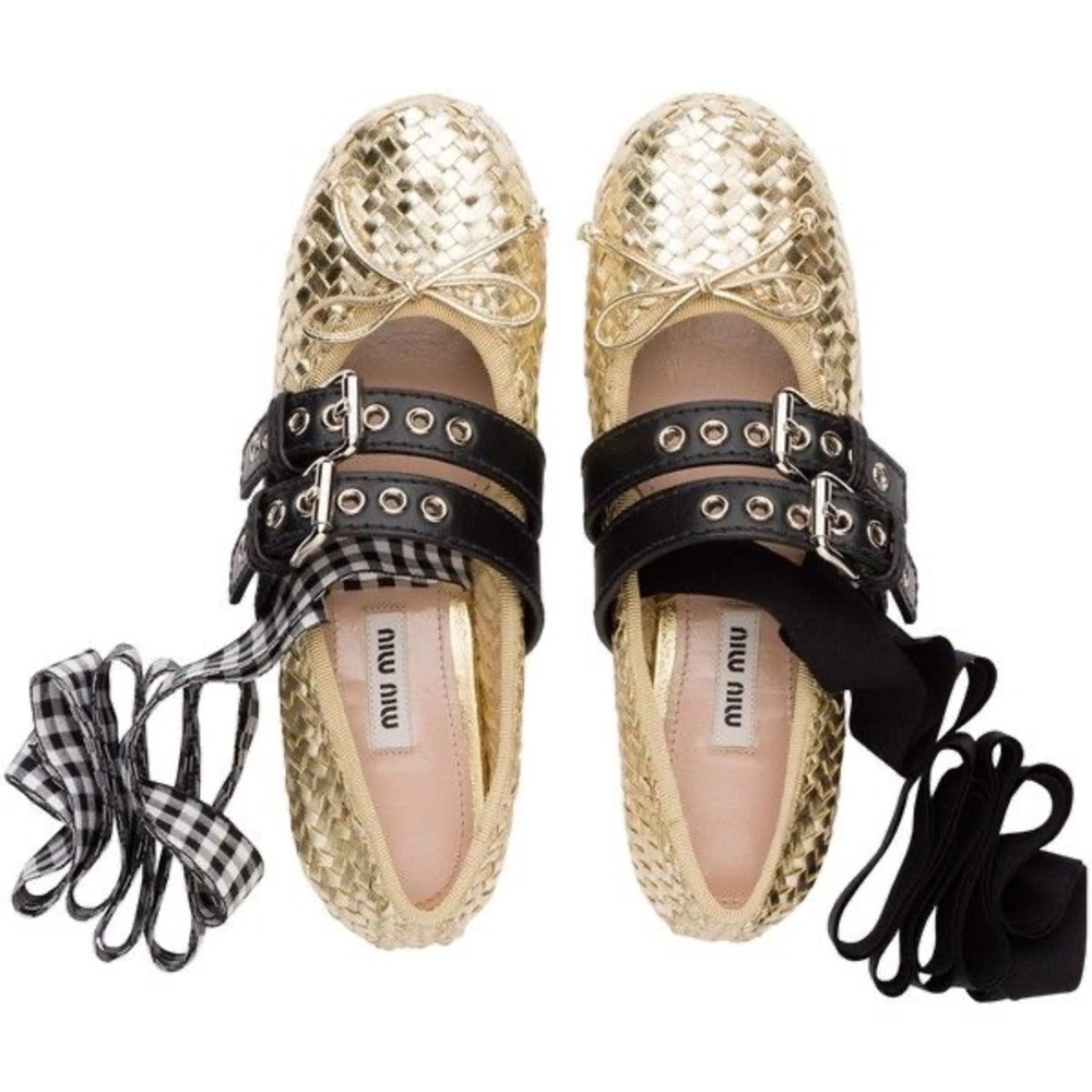 Gold Woven Miu Miu Ballet Flats With Buckle Belts